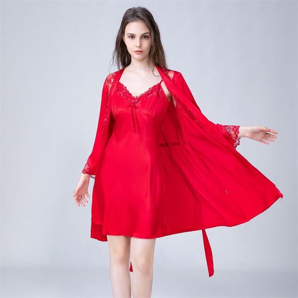 

women's sleepwear spring summer pijama 100% mulberry silk womens pajamas dresses sling skirt robe kimono pajama sets female home clothe, Black;red