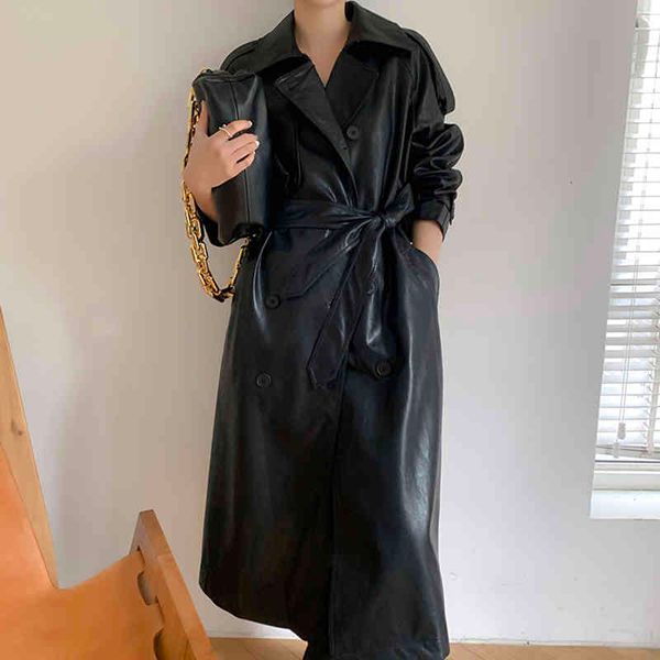 

women's trench coats [eam] women black pu leather long lapel sleeve loose fit windbreaker fashion autumn winter 2022 1dd0738 5jah, Tan;black
