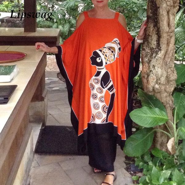 

2021 casual vintage print loose long dress fashion slash neck female party dress women batwing sleeve summer dress vestidoshigh quality, Black;gray