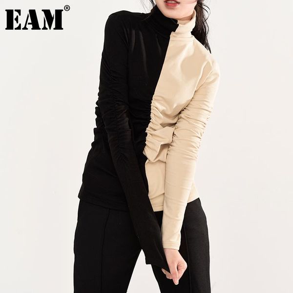 

women's t-shirt [eam] women contrast color black apricot pleated turtleneck long sleeve fashion tide spring autumn 2021 1da91401, White
