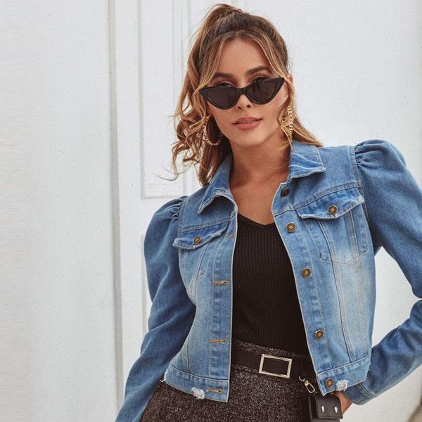 

2021 spring new puff sleeve crop denim jackets women turn down collar buttons frayed ripped hole jean coat pockets jacket, Black;brown