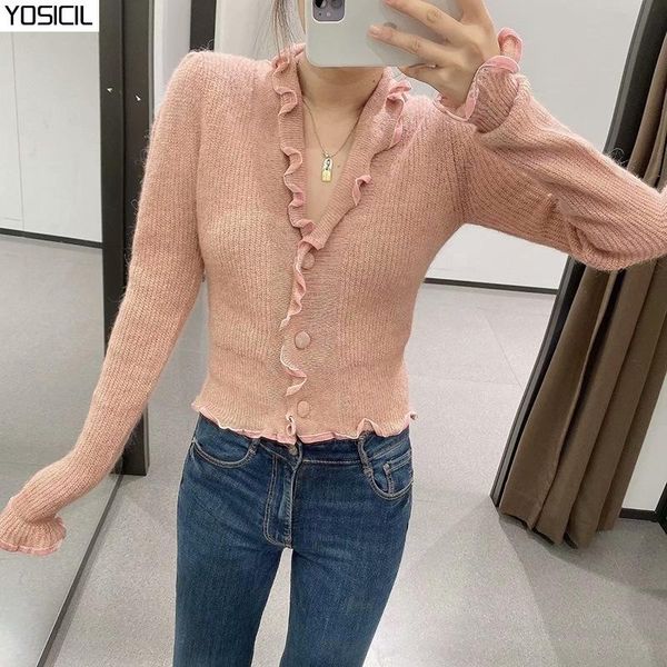 

yosicil women sweet ruffles pink cropped cardigan 2021 autumn winter turn down collar knitted sweater long sleeve chic, White