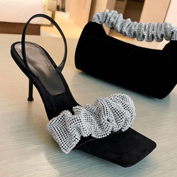 

mkkhou fashion sandals women 2021 new summer simple temperament rhinestone stiletto 7cm high heels wedding banquet party shoes, Black