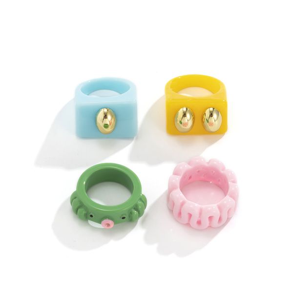 

yamog sweet mixed color animal pig square rings women hollow out stripe acrylic ellipse finger ring european female party vacation hand jewe, Golden;silver