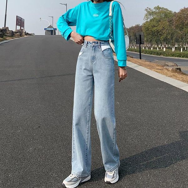 

women's jeans light blue denim trousers vintage harem pants women 2021 korean high waist fashion casual straight long woman