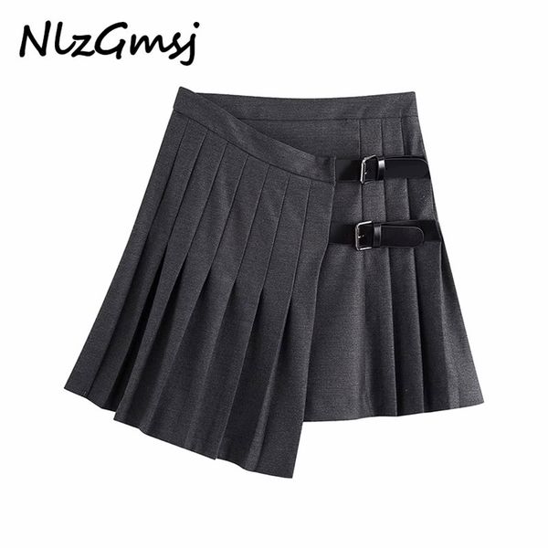 

women chic fashion with buckles pleated mini skirt vintage high waist irregular female skirts mujer 210628, Black