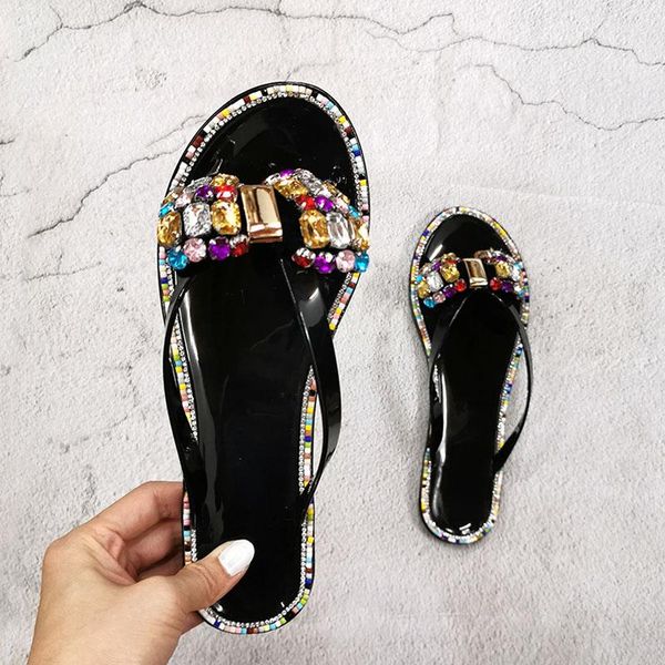 

slippers 2021 summer women flip-flops big diamond lady flash drilling colored crystal beach shoes flat female footwear, Black