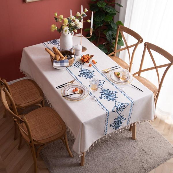 

table cloth classical blue white porcelain embroidered tassel polyester linen tablecloth home dinner tea cover