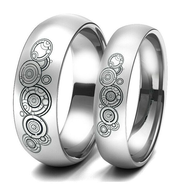 

2pcs 6&8mm doctor who seal of rassilon symbol couple lover band arc edge rings stainless steel size 6-13, Silver