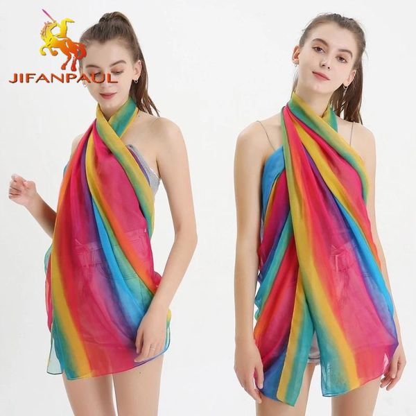 

scarves jifanpaul fashion gradient rainbow color silk scarf female travel beach towel 2021 chiffon for women, Blue;gray