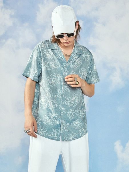 

men random floral print lapel collar shirt q3og#, White;black