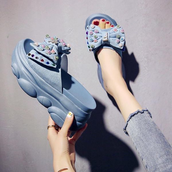 

slippers high-heeled shoes lady butterfly-knot women summer glitter slides fashion platform female mule pantofle jelly luxury mu, Black