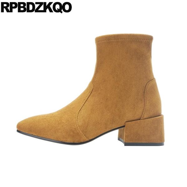 

boots women ankle medium heel winter designer slip on suede stretch genuine leather chunky shoes big brand short sheepskin fall, Black