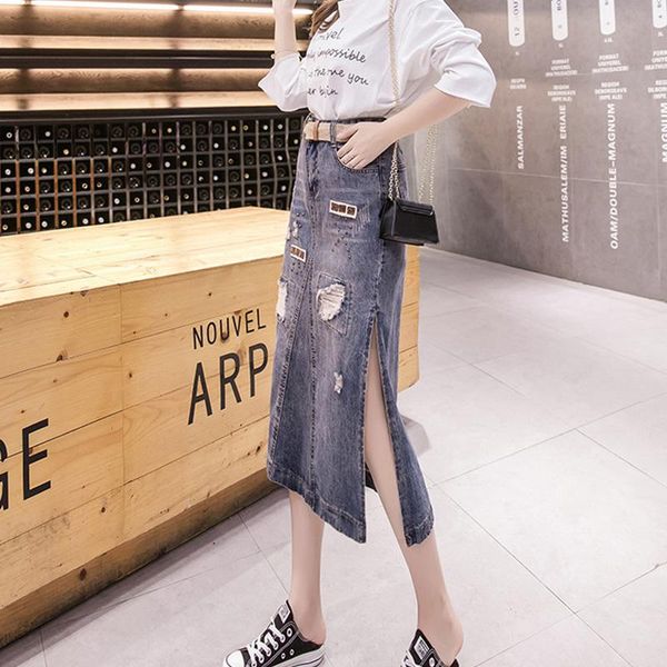 

skirts limiguyue high street retro rivet denim skirt women korean letter side split ripped holes casual chic jeans k056, Black