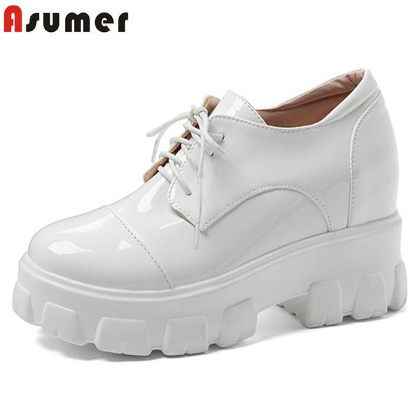 

dress shoes asumer 2021 arrive patent leather women pumps lace up spring autumn casual comfortable wedges ladies, Black