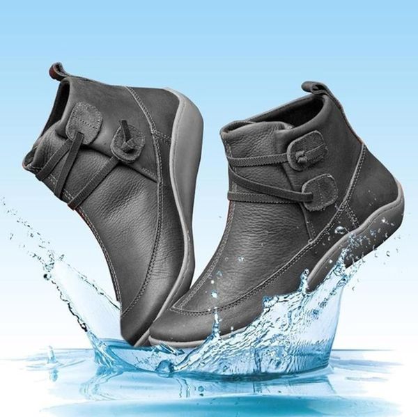 

boots women leather fashion winter waterproof ankle vintage flat shoes round toe plus size, Black