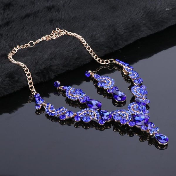

blue crystal necklace earrings set bridal jewelry sets for brides wedding party costume jewellery &1, Silver