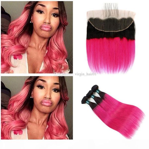 

rose red ombre hair with lace frontal closure two tone 1b red human hair weaves with lace frontal closure silky straight hair extensions, Black;brown