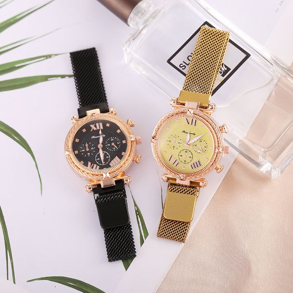 

fashion women wristwatches luxury ultra-thin crystal three eyes design cool mesh magnetic stainless steel band roman numeral ladies quartz w, Slivery;brown