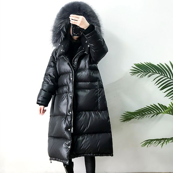 

2021 new large real natural raccoon fur winter women long thick warm coat white duck down jacket female oversize ah2b, Black