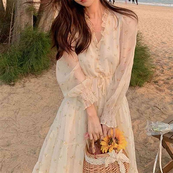 V-pescoço elegante vestido doce mulheres manga comprida chiffon vestido floral vestido vestido de praia para fêmeas estilo coreano verão chique 210915