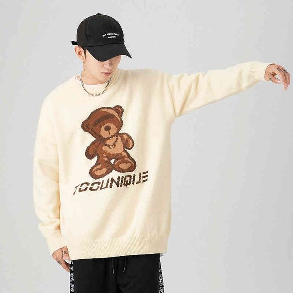 

men knitted bear jumpers sweaters loose streetwear women hip hop harajuku casual pullover knitwear fashion outwear, Black