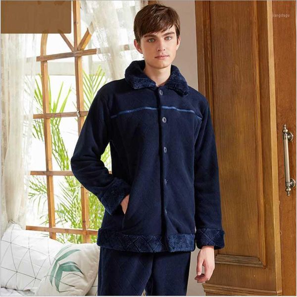 

men's sleepwear 2021 winter men casual pajama sets couples thicken warm flannel suit male turn-down collar coat + pants plus size, Black;brown