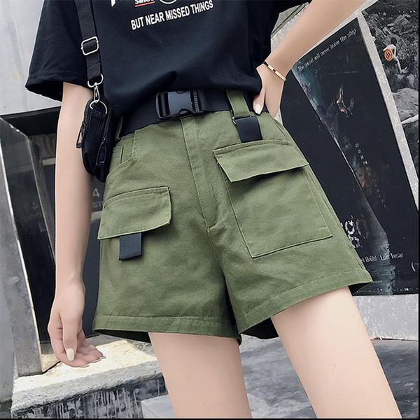 

women summer cargo shorts with belt ladies fashion streetwear solid high waist loose shorts joggers female plus pocket bottom, White;black