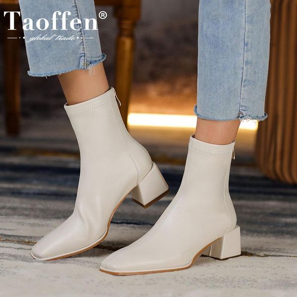 

boots taoffen real leather women ankle square toe thick heel zipper shoes fashion solid color female footwear size 34-40, Black