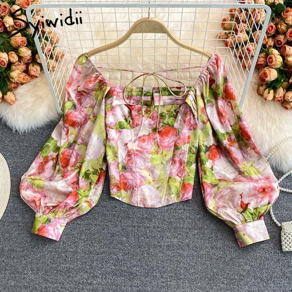 

women's blouses & shirts syiwidii floral women summer fall 2021 fashion long puff sleeve square collar lace up slim short korean clothi, White