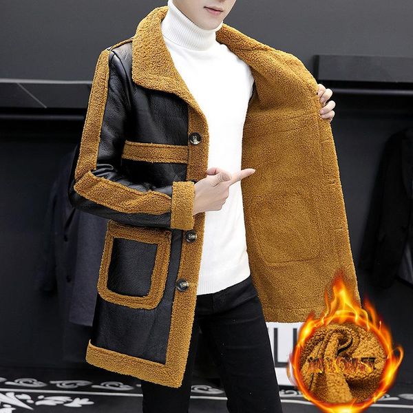 

men's trench coats 2022 autumn and winter mid-length fur one-piece windbreaker youth fashion personality fleece jacket, Tan;black