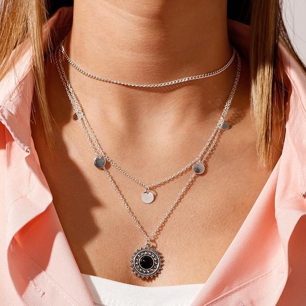 

chains decoration simple personality multi-layer necklace creative multi- gem sunflower pendant, Silver