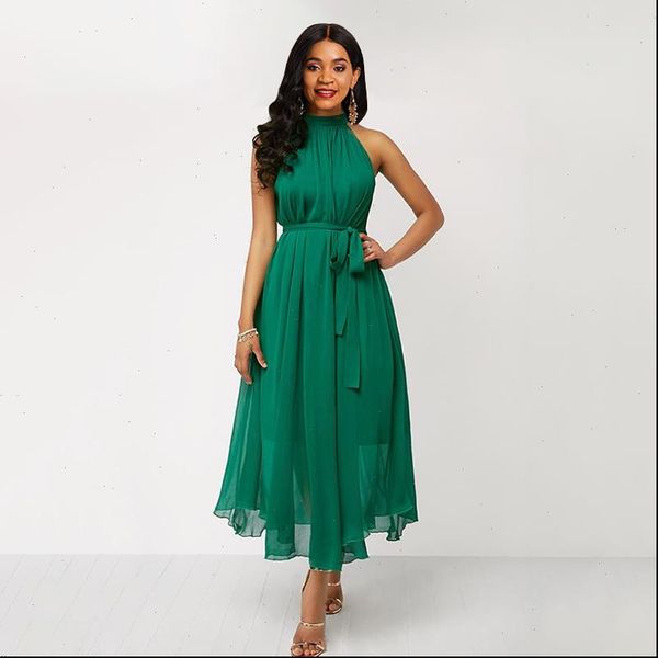 

plus size chiffon green dress off shoulder halter belted sleeveless long maxi dresses fashion elegant ladies pleated dress, Black;gray