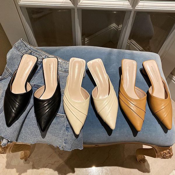 

slippers shoes womens outdoor slides low fashion med cover toe pantofle loafers luxury 2021 pointed fabric hoof heels rome rubbe, Black