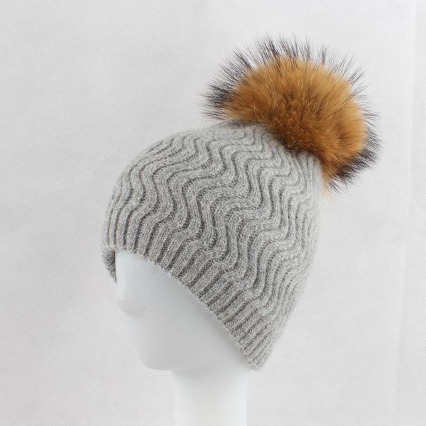 

hair accessories b178192 ladies' strethy and soft 30% wool knitting beanie with 15cm real rac pompom