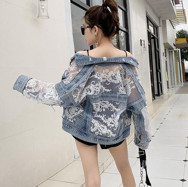 

women's jackets 2021 summer fashion long sleeve jeans coat loose lace stitching perspective jacket ladies denim, Black;brown