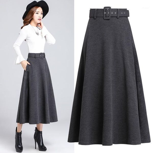 

skirts 2021 women autumn winter woolen mid-long falda female sashes high waist a-line pleated skirt lady casual solid elegant f96, Black