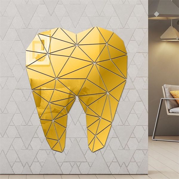 Dental Cuidado Dente Em Forma Acrílico Etiquetas Espelhadas Dentista Clínica Estomatologia 3d Wall Art Decalque Ortodontia Escritório Decoração 210310