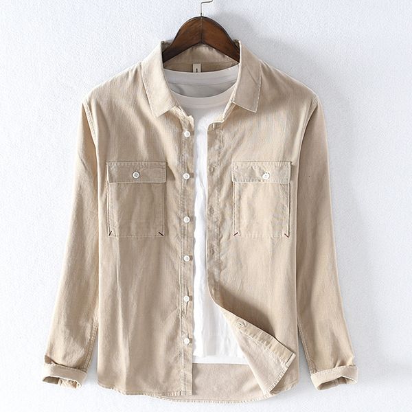 

2021 new winter and autumn corduroy cotton brand long sleeve for men fashion casual shirt mens solid khaki shirts male v01x, White;black