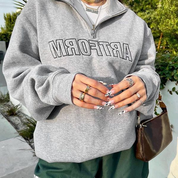 

women's hoodies & sweatshirts oversized printed women sweatshirt zipper long sleeve turn-down collar female 2021 autumn fashion streetw, Black