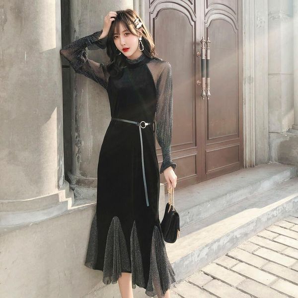 

casual dresses 2021 spring autumn women's mesh stitching lace slim blouse female package hip fishtail s-xl ladies clothing, Black;gray