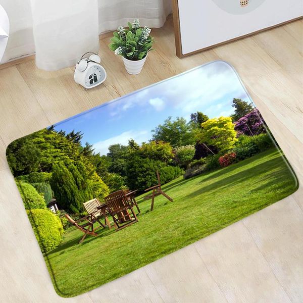 

bath mats doormat spring garden scenery bathroom mat green lawn forest tree plant non-slip rug flannel home decor kitchen doorway carpet