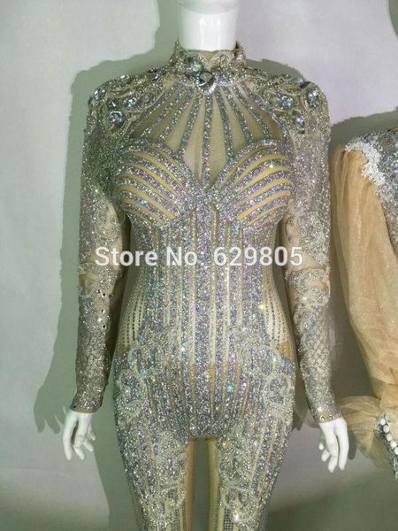 

women's jumpsuits & rompers fashion bright crystals diamonds party costumes female singer performance prom celebrate outfit bodysuit, Black;white