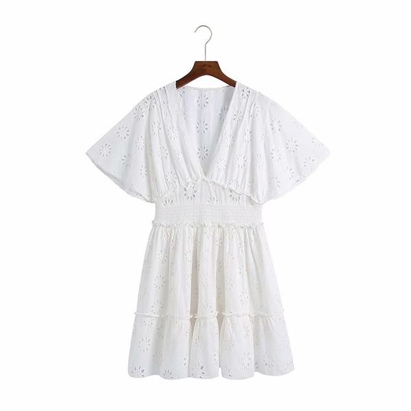 

summer openwork embroidered mini dress women short sleeve elastic waist white embroidery es vintage ruffle 210531, Black;gray