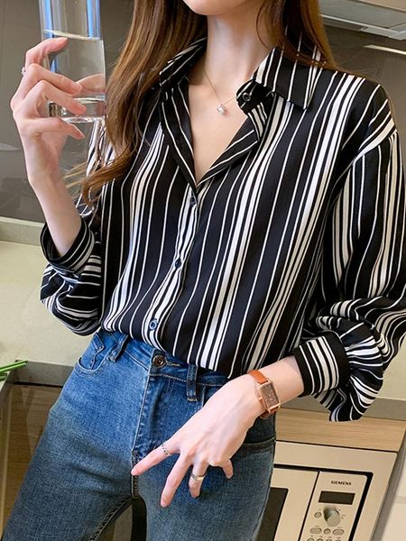 

women's blouses & shirts western style striped chiffon shirt women 's spring 2021 design sense collar elegant fashion, White