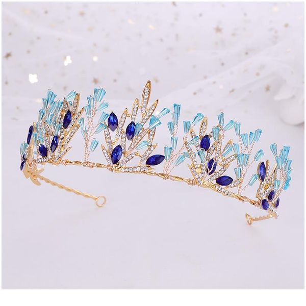 

trendy wedding crown blue rhinestone crystal crown hair accessories gold leaf headdress crown bridal wedding hair acc jlluif, Silver