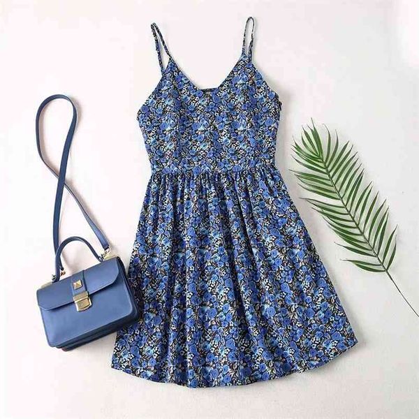 

women summer fashion chic floral print strap mini dress vintage female v-neck backless dresses vestidos mujer 210531, Black;gray