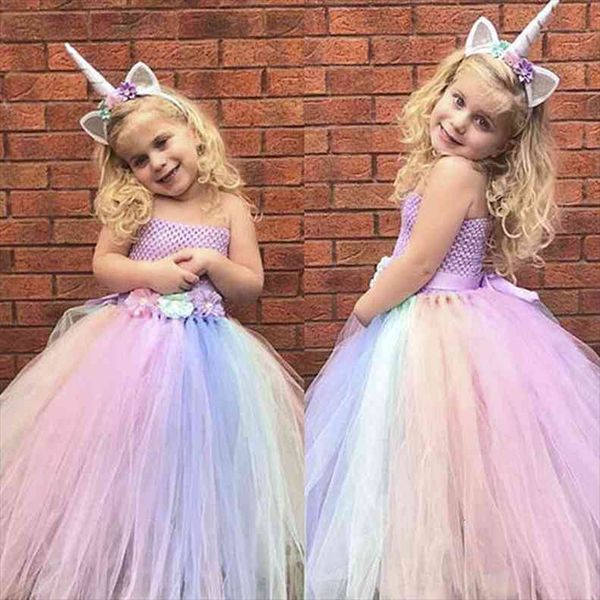 

cute girls unicorn flower girl dress kids pastel tutu crochet tulle with hairbow ball gown children costume, Red;yellow