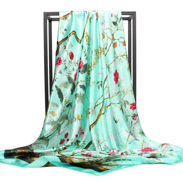 

satin silk feeling women 35'' square head bundle foulard soie female shawl ladies colorful pattern print scarf, Blue;gray