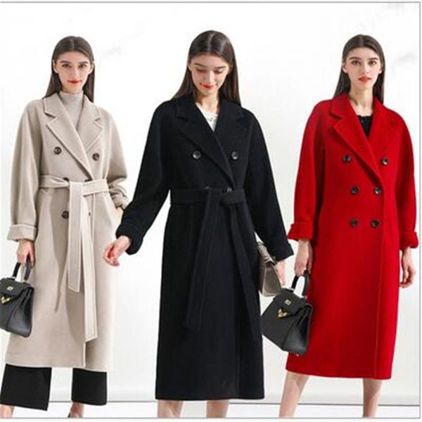 

women's wool & blends 2021 winter women's jacket camel double-breasted cashmere coat mid-length woolen, Black